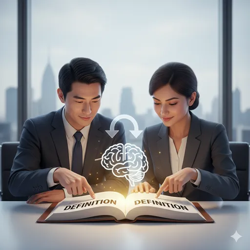 二人の人物が、中央の「定義」という書物を指差し、互いに頷き合っている、認知的合意形成の様子