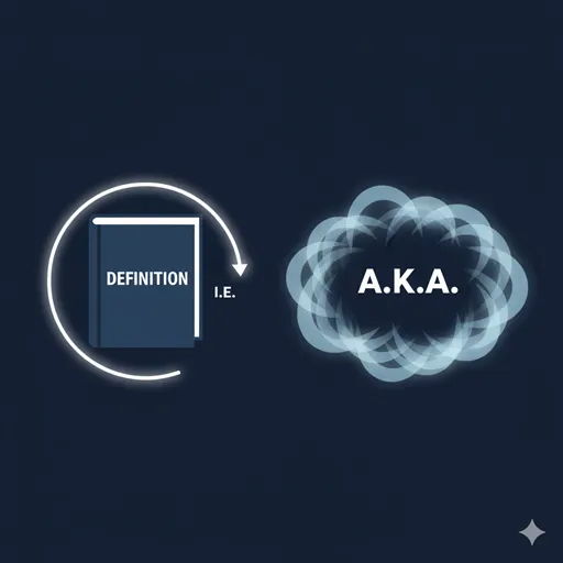 「いわゆる」を、定義を示す辞書と、その定義の周りに引かれた論理的な境界線として、「ある意味」を曖昧なぼやけた境界線として対比させたイラスト