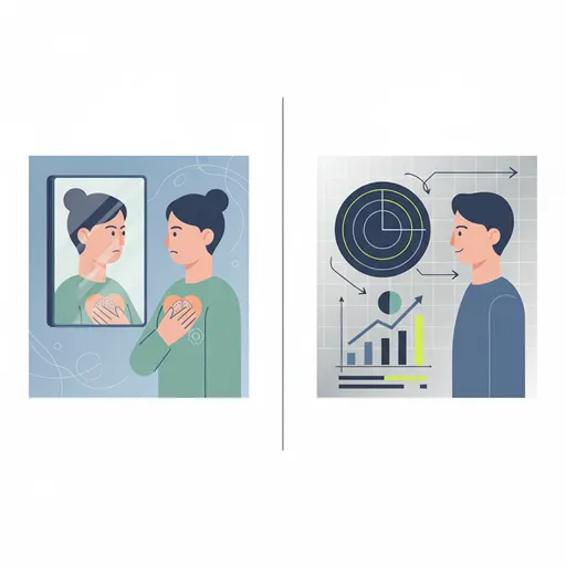 「自覚」の内面的な責任感と「認識」の客観的な状況把握を、自分の姿を映す鏡と、外部の状況を映すレーダーとして対比させたイラスト。