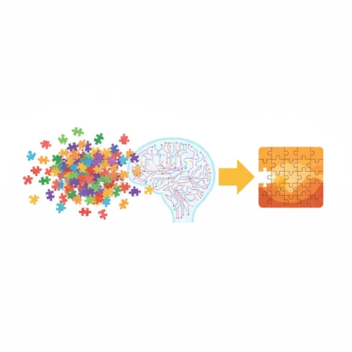 目的を持って処理されたデータ（パズルのピース）が、人間の脳（解釈）によって組み合わされ、最終的な意思決定（矢印）へと繋がっている様子を表すイラスト
