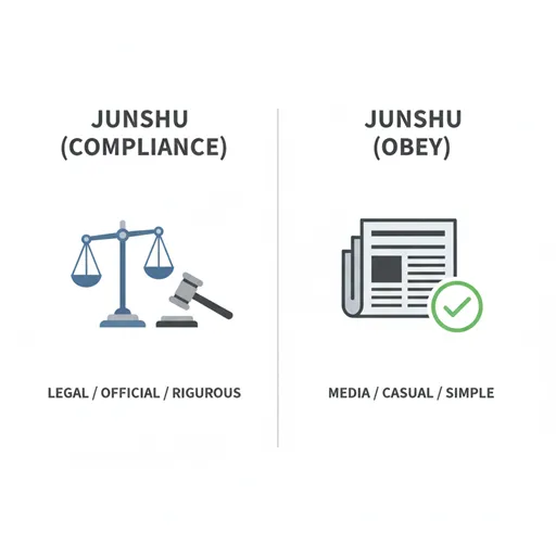 「遵守」と「順守」の違いを「厳格さ」「使用場面」「ニュアンス」で比較した図解。