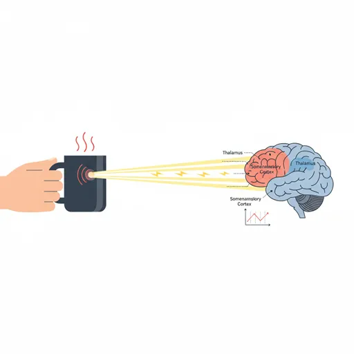 熱や音といった物理的刺激が、皮膚の受容器を介して、脳へ信号として伝達される「感覚」の普遍的な入力プロセスを表すイラスト。