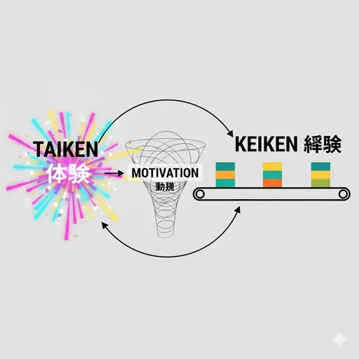 「体験」（イベント）が「経験」（継続的な学習）への動機付けとなり、最終的な能力形成へと繋がる学習の連鎖を表すイラスト。