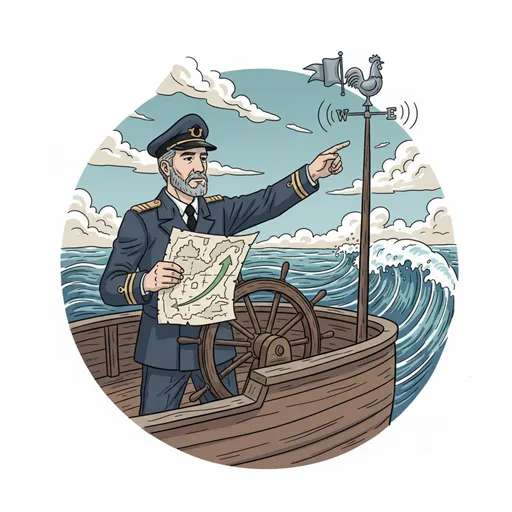 長期的な傾向(海流)を読み取りながら、短期的な風潮(風)に対応して戦略を立てる、熟練した戦略家(航海士)のイラスト。