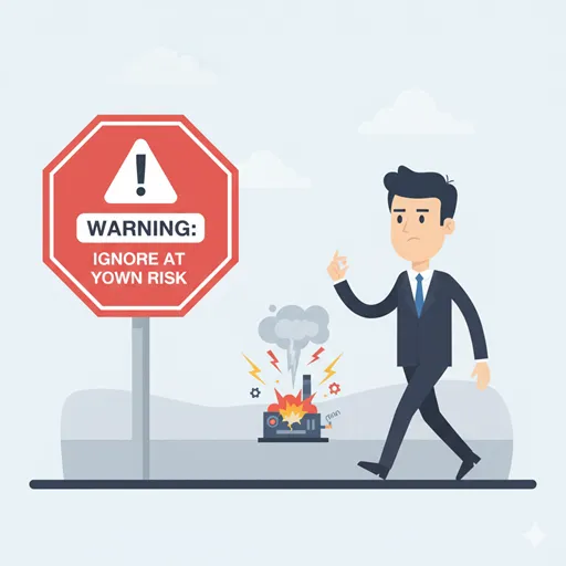 目の前にあるリスク（警告サイン）を小さく見誤り、その結果、大きな損害が発生する様子を描いた「軽視」の判断ミスを表すイラスト。