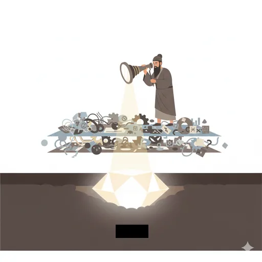 表面的な現象の層の下に隠された、普遍的な真理や本質を洞察力によって見抜いている様子を表すイラスト