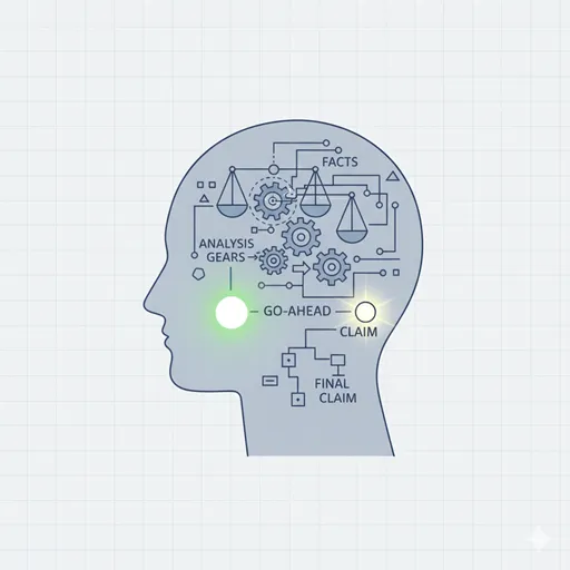 事実（データ）を基に、論理的思考（ギア）を経て、最終的に導き出された「最善の選択」という意思決定（主張）としての「結論」を表すイラスト。