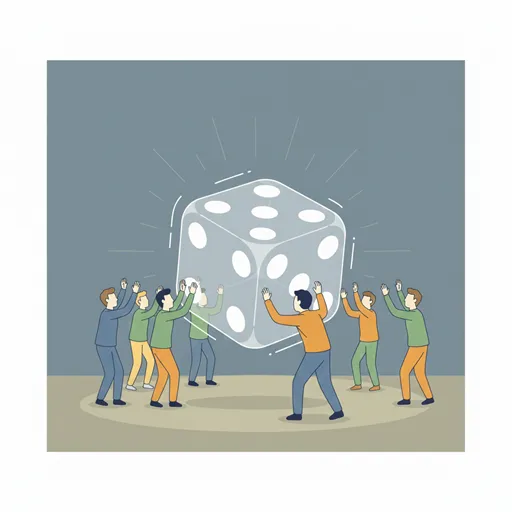 誰でも手に入れられる中立的なチャンス(サイコロ)を振り、その結果(成功か失敗か)は運や努力次第であることを示すイラスト