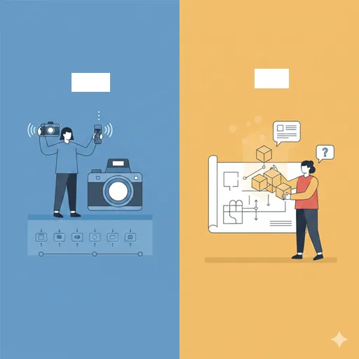 「記録」を証拠を撮るカメラとして、「記述」を論理的な構造を組み立てる建築家として対比させて表現したイラスト