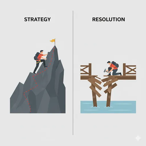 「攻略」(挑戦的な山を登る)と「解決」(破損した橋を修復する)という異なる行動原理が、並列に示されているイラスト