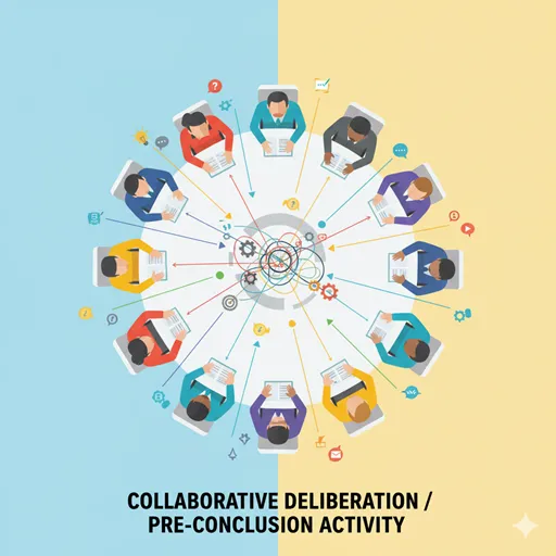 共通の目的（問題解決）のために、関係者が意見を出し合い、協力して話し合いを進める「協議」のプロセスを表すイラスト。