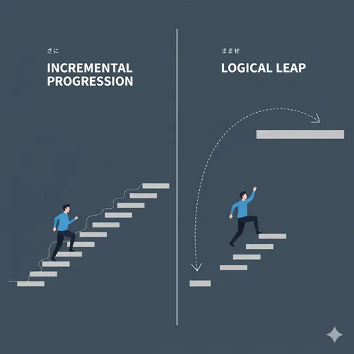「まして」が、論理の階段を一段飛ばしで飛躍する様子と、「さらに」が階段を一歩ずつ登る様子を対比させたイラスト