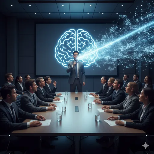 ビジネスプレゼンテーションで、「まして」という言葉を使って、論理的な類推の飛躍を行い、聴衆に強い強制力をもって主張を受け入れさせる様子