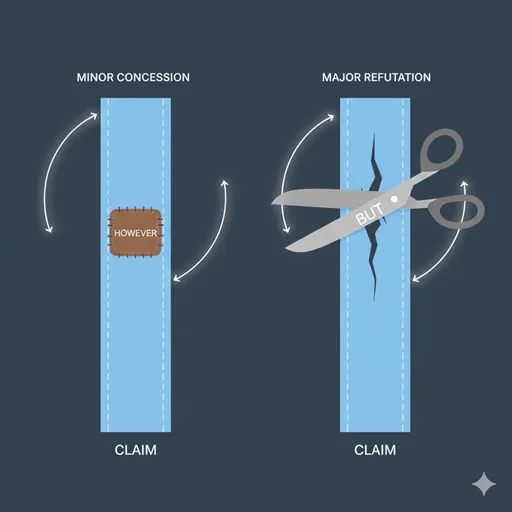 「もっとも」が、大きな主張を維持しつつ小さな修正を加える様子を、「しかし」の持つ主張を半分に切り離す力と対比させたイラスト