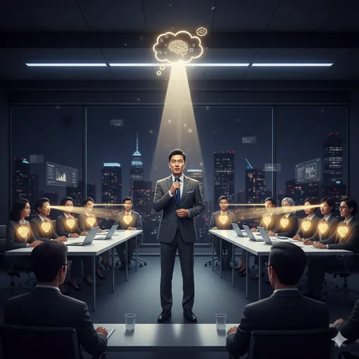 ビジネスプレゼンテーションで、「もっとも」という言葉が、発言者の知的な思慮深さと客観性を証明し、聴衆からの信頼を獲得している様子