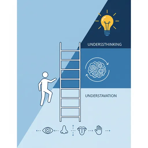 認知(事実の把握)が梯子の下段にあり、それを土台として認識(意味の理解)という高次のレベルへ到達する、段階的な理解のプロセスを表すイラスト