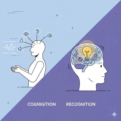 「認知」を五感で情報を収集するシンプルなアンテナとして、「認識」を脳内で複雑な思考を経て本質を理解する深い洞察を示す電球として対比させて表現したイラスト