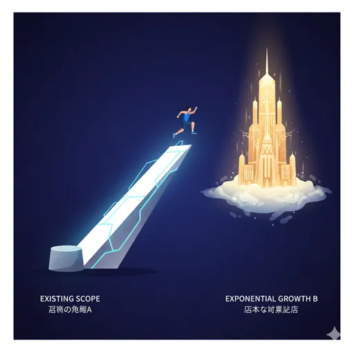 「〜のみならず」の概念を、小さな台座（A）から、跳躍台を使って、予想外に遠く巨大な目標地点（B）へとダイナミックに飛び移る様子として表現したイラスト