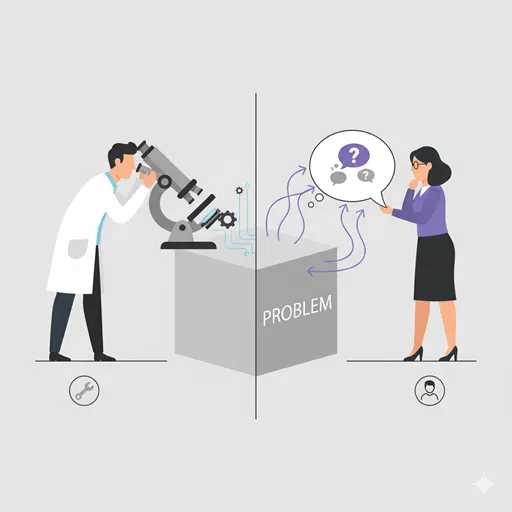 問題解決において、物理的な原因究明（科学者のツール）と動機や判断の分析（心理学者のツール）を区別する、多角的な問題解決のプロセスを表すイラスト。