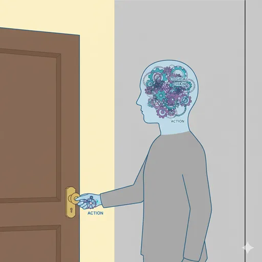 （ドアを開ける）の前に、その行為を正当化するために、本人の頭の中で論理（思考の鎖）が構築される「理由」の主観的な根拠を表すイラスト。