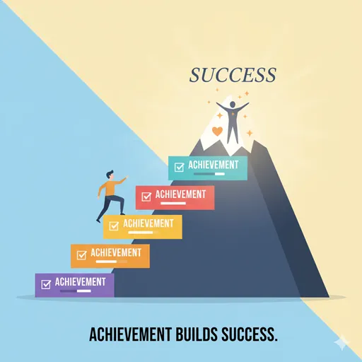 「達成」(手段)を積み重ねることで「成功」(目的)というより高次のゴールへと到達する、目標の階層構造を表すイラスト。