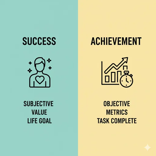 「成功」と「達成」の違いを「評価の性質」「測定可能性」「関わる範囲」などで比較した図解。