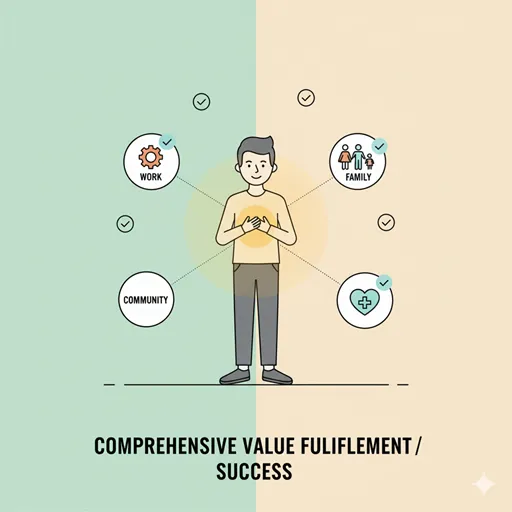 自身のキャリア、人間関係、社会貢献といった複数の要素が満たされ、総合的な幸福感を得ている「成功」の広範な価値の充足を表すイラスト。