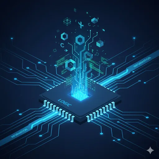 プログラムや論理（アルゴリズム）に基づいて、原材料なしに新しいデータや情報構造が自動的に生まれる「生成」のプロセスを表すイラスト。