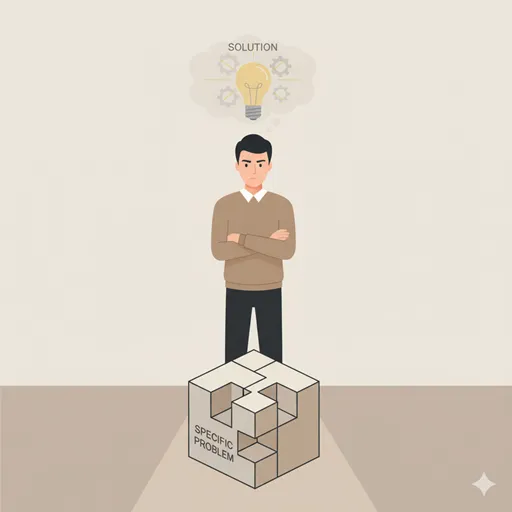 特定の課題(目の前の障害)を前に、心を砕いて考え、解決策(電球)を探そうとする「心配」の理知的な懸念を表すイラスト。