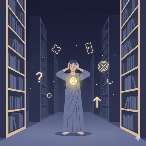 人生、存在、真理といった、実用性を超えた深遠なテーマを、特定の課題を持たず孤独に探究する「思索」の内省的な活動を表すイラスト。