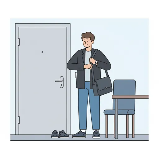 外出や食事といった差し迫った行為のために、服装や荷物など具体的な身の回りの要素を整えて完了させる「支度」を表すイラスト。