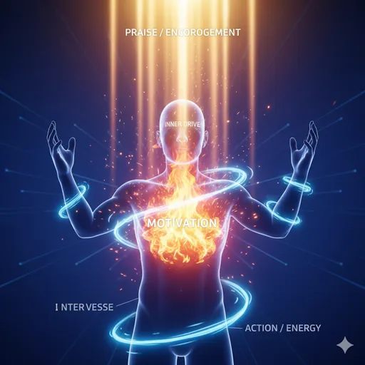 ポジティブな強化（報償や称賛）によって、個人の内面に働きかけ、行動を起こす意欲を高める「奨励」の動機付けを表すイラスト。