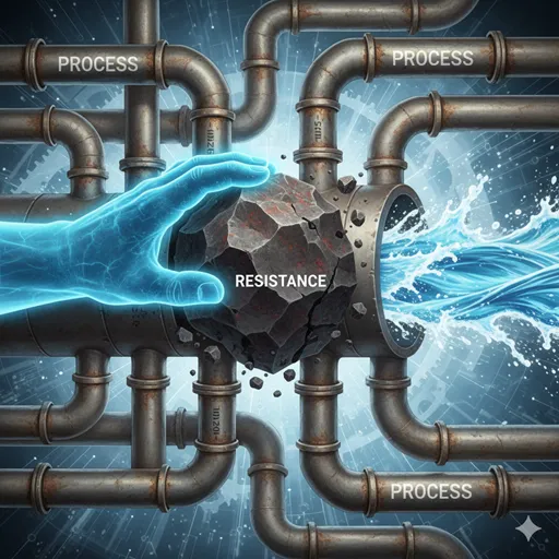 法規制や物理的な障害物を取り除くことで、物事の進行をスムーズにし、流れを加速させる「促進」の環境への働きかけを表すイラスト。