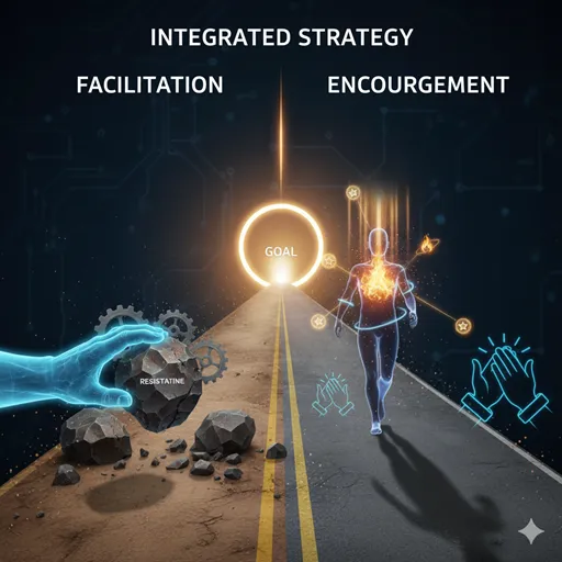 「促進」（環境整備）と「奨励」（動機付け）を統合的に組み合わせることで、行動変容の成功率を最大化する戦略を表すイラスト。