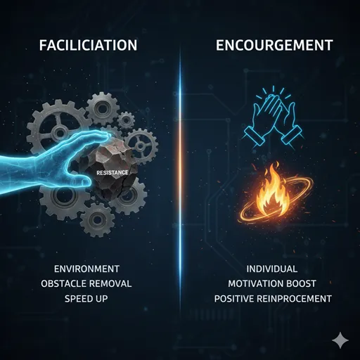 「促進」と「奨励」の違いを「働きかける対象」「目的とする効果」「主な手段」などで比較した図解。