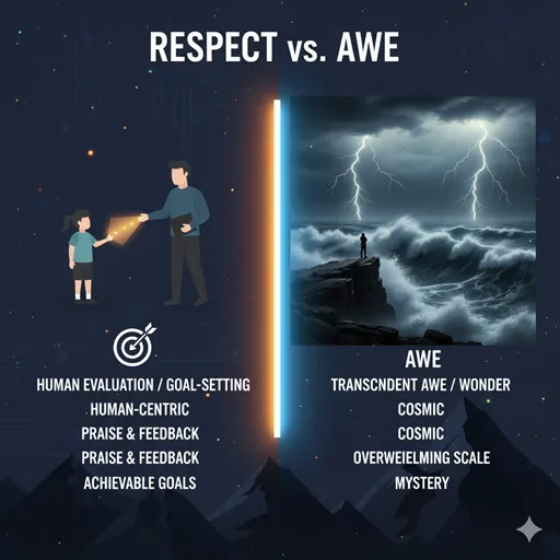 「尊敬」と「畏敬」の違いを「対象の次元」「感情の構成」「関係性」などで比較した図解。