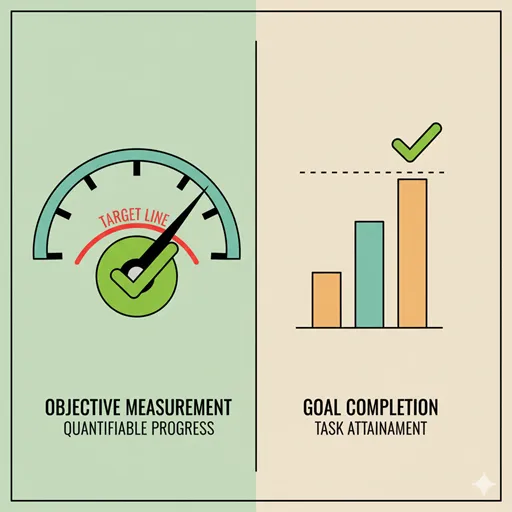 設定された具体的な数値目標(KPI)に、努力によって正確に到達し、チェックマークが付いている「達成」の客観的な完遂を表すイラスト。