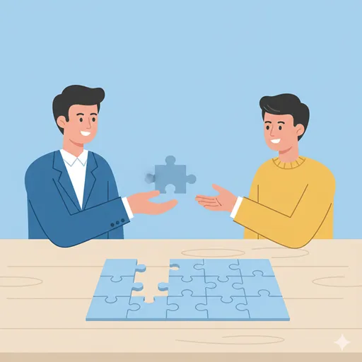 相手の課題を示すピースの欠けたパズルに対して、自分が持つ正確な解決策のピースを優しく提供し、協調してパズルを完成させようとしている様子を表すイラスト