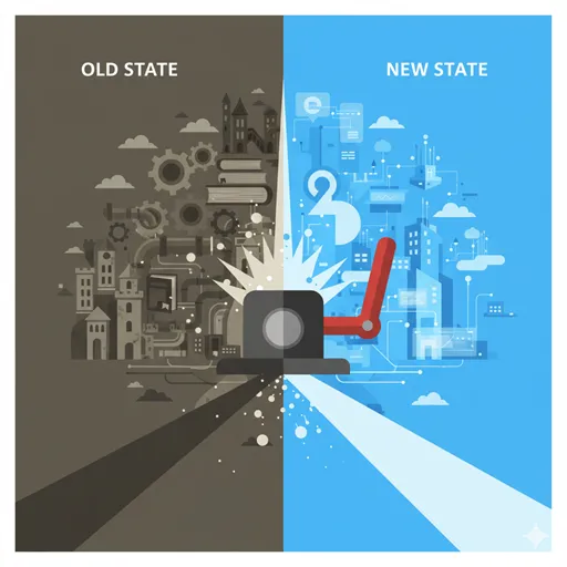 経営戦略や方針が、過去の状態から未来の状態へ、根本的かつ不可逆的に質を変える「転換」の様子を表すイラスト。