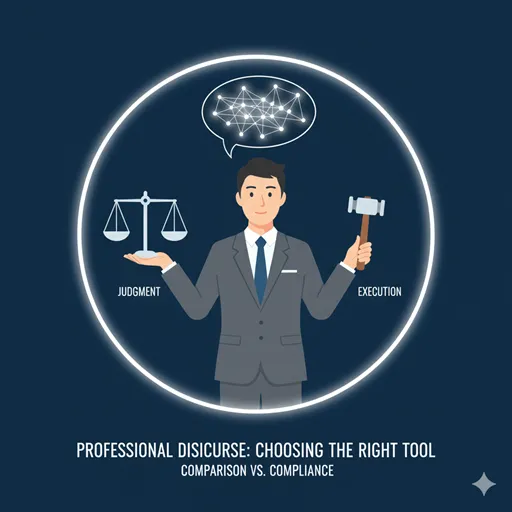 プロフェッショナルが「判断(照らし)」と「実行(則り)」を使い分けることで、文章に正当性と強制力を与える様子を表すイラスト。