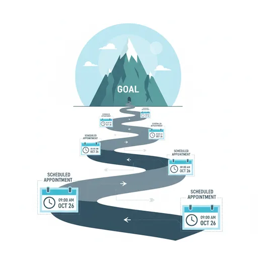 計画(戦略的な道筋)が、その中に組み込まれた複数の予定(時間指定のタスク)を包含し、目標へと導いている階層構造を表すイラスト