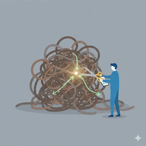 一人の人物が、複雑なタスク（絡み合ったロープ）を効率的な方法（ハサミやガイド）を使って、最小限の労力で解決している様子を表すイラスト