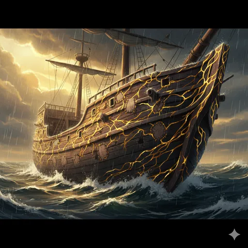 荒波を乗り越えてきた船の船体が、数々の傷跡を持ちながらも、より強固に黄金色に輝いているイメージ。