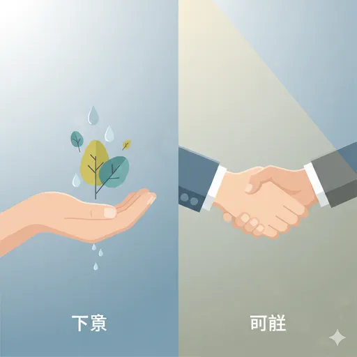 相手の言葉を静かに受け止める大きな手のひら（了承）と、二人の人物が対等にしっかりと握手を交わす姿（同意）の対比。