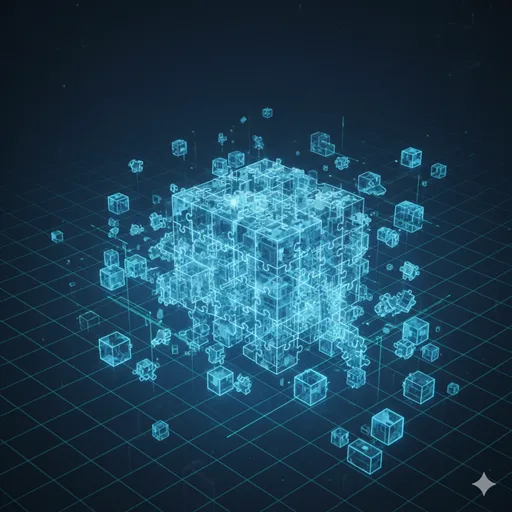 複雑に絡み合うパズルのピースを、論理的に正しく組み合わせて完成させていく様子。