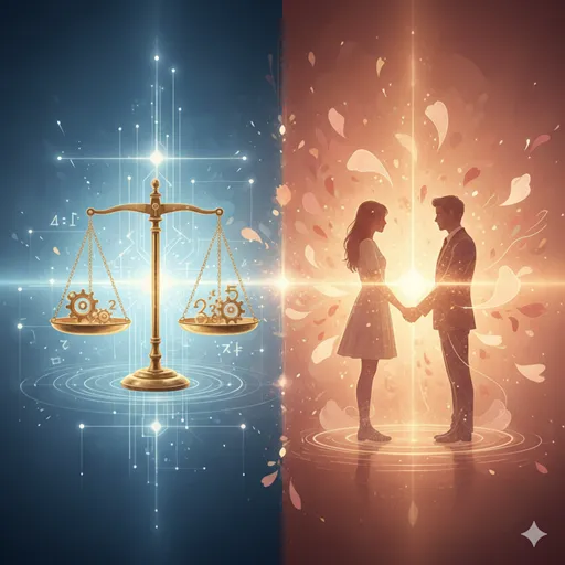 正しさを量る精密な黄金の天秤（是認）と、温かな光の中で優しく手を取り合う二人のシルエット（承認）の対比。