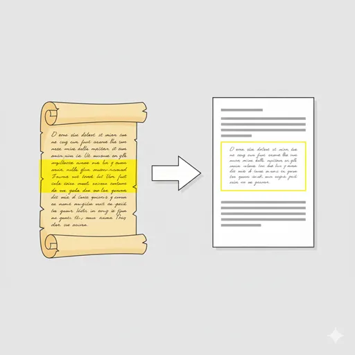 長い巻物の文書の中から、強調色やハイライトで重要な一文や段落が選び出され、その部分が別の小さな紙片に正確に書き写されて（引用されて）いるイラスト