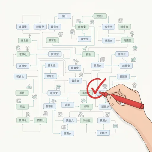 広範囲な作業の開始を示すため、頭の中で計画を立て、多くのタスクにペンで印をつけている作業者の様子