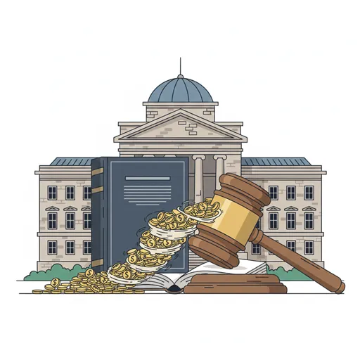 裁判所や政府機関を思わせる厳格な建物と、法典やハンマー、天秤などの法的なシンボルが描かれ、公的な強制力をもって金銭が取り立てられている様子