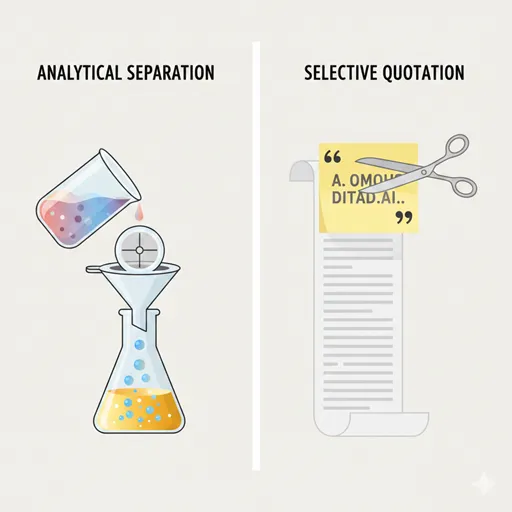 「抽出」を科学的なフラスコとフィルターで成分を分離する行為として、「抜粋」をハサミで文書の重要な一文を切り取り、引用符で示す行為として対比させたイラスト